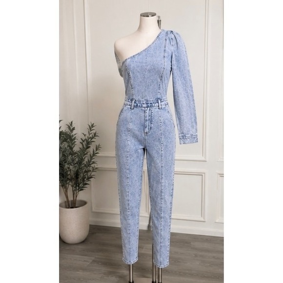 Pants - Emprada One Shoulder Denim Jumpsuit Women's Medium Light Wash Stretch Y2K